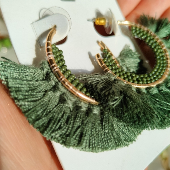 Green Boho Tassel Earrings - Picture 6 of 9